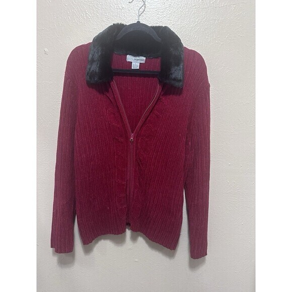 Marguerite's Burgundy Red Cardigan Sweater‎ Faux Fur Collar Zip Up - Picture 3 of 9